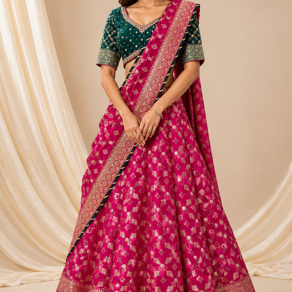 Vibrant Pink Silk Saree with Intricate Patterns and Contrasting Border