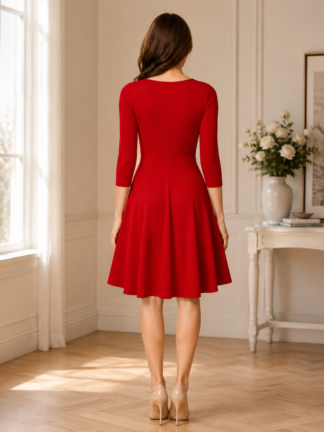 Elegant red fit-and-flare midi dress featuring a flattering V-neckline and timeless feminine silhouette.