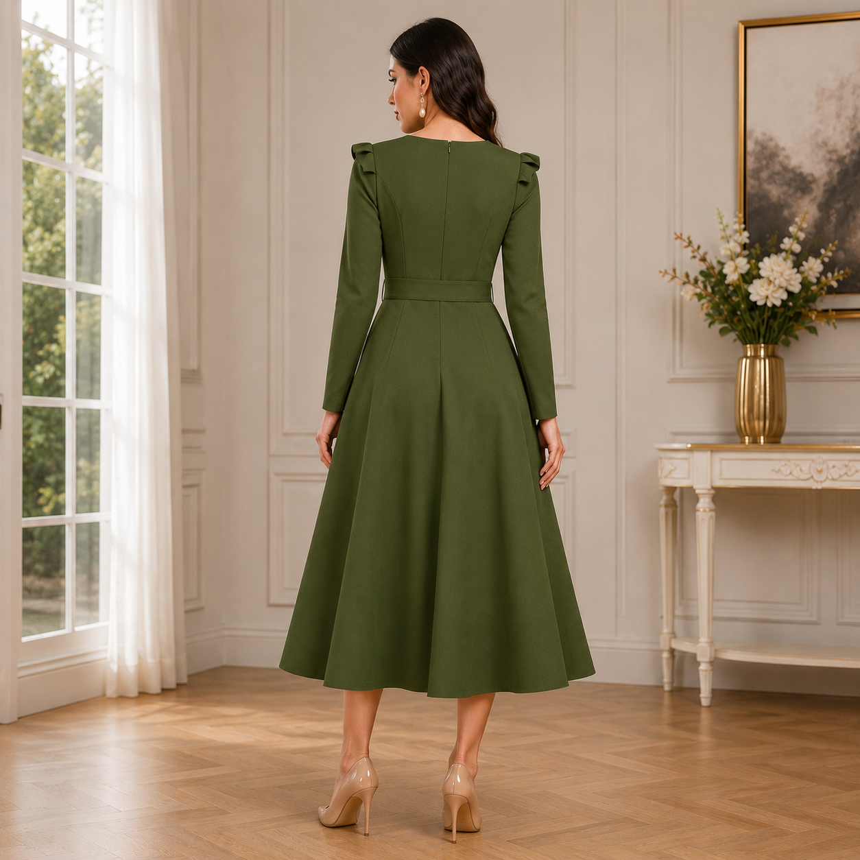 Elegant olive-green A-line dress with long sleeves and a graceful flared silhouette for a sophisticated timeless look.