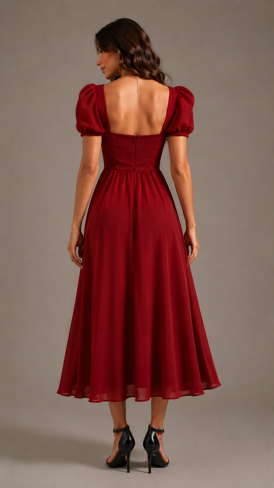 Elegant wine-red midi dress with puff sleeves and a graceful flowy silhouette perfect for evening parties.