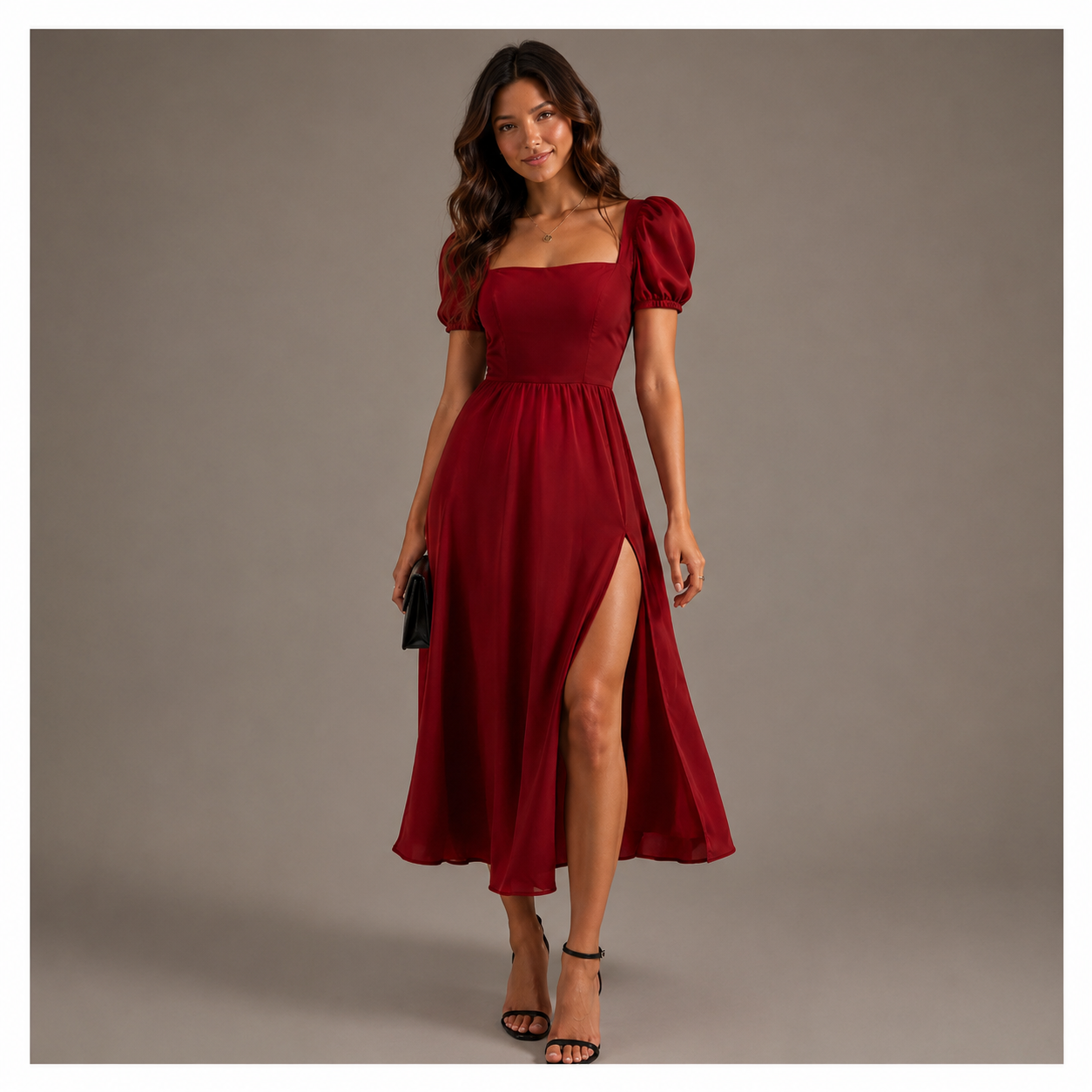 Elegant wine-red midi dress with puff sleeves and a graceful flowy silhouette perfect for evening parties.