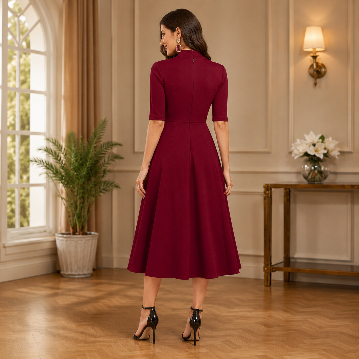 This graceful maroon maxi dress features a full-sleeve design with elegant shoulder.