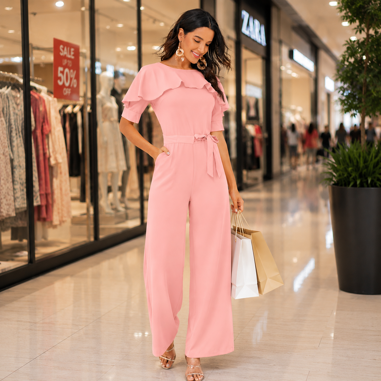 Elegant blush pink wide-leg jumpsuit with layered ruffle detailing and a chic feminine silhouette.