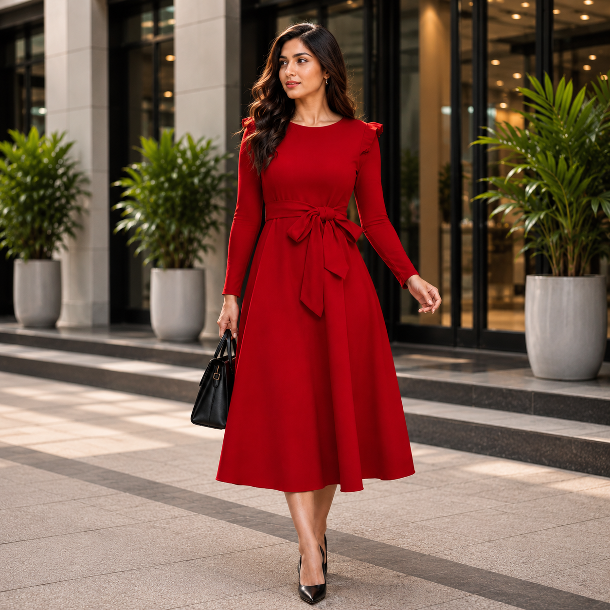 Elegant red A-line midi dress with a stylish waist tie detail and graceful feminine silhouette.