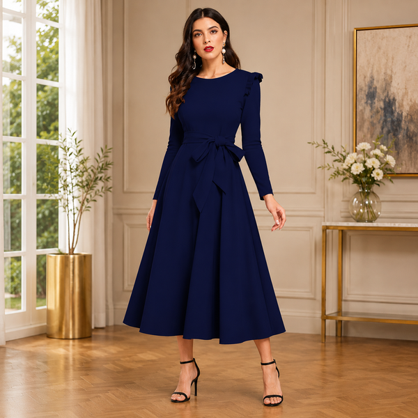 Elegant black marble-print A-line dress with long sleeves and a graceful flowy silhouette for a bold sophisticated look.