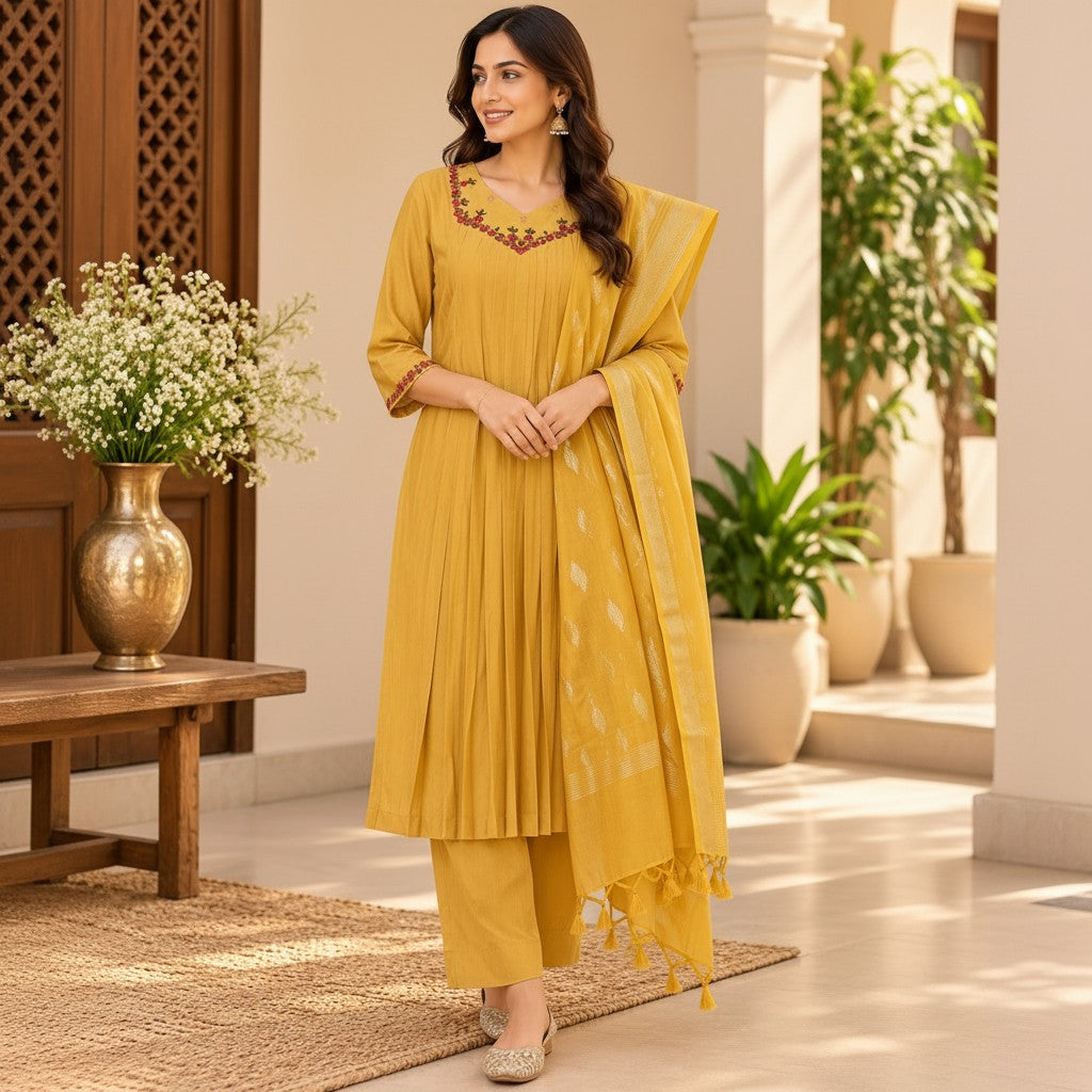 Mustard Gold Floral Embroidered Salwar Suit Set