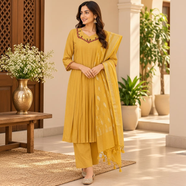 Mustard Gold Floral Embroidered Salwar Suit Set