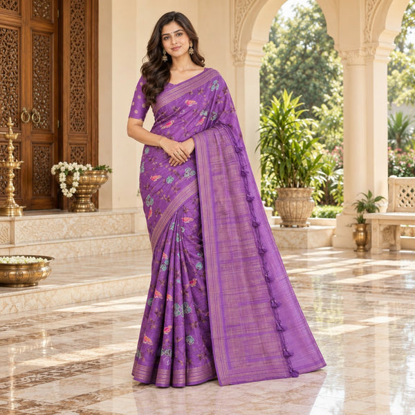 Purple Floral & Bird Motif Saree with Woven Pallu & Tassel Detailing