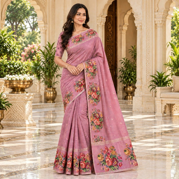Mauve Pink Floral Printed Saree with Self-Design Blouse