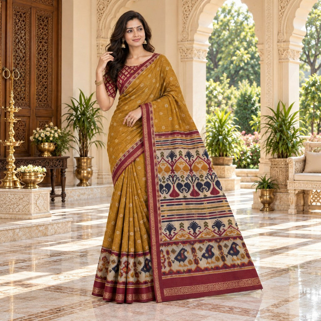 Mustard Gold Handloom Saree with Maroon Ikat Pallu & Blous