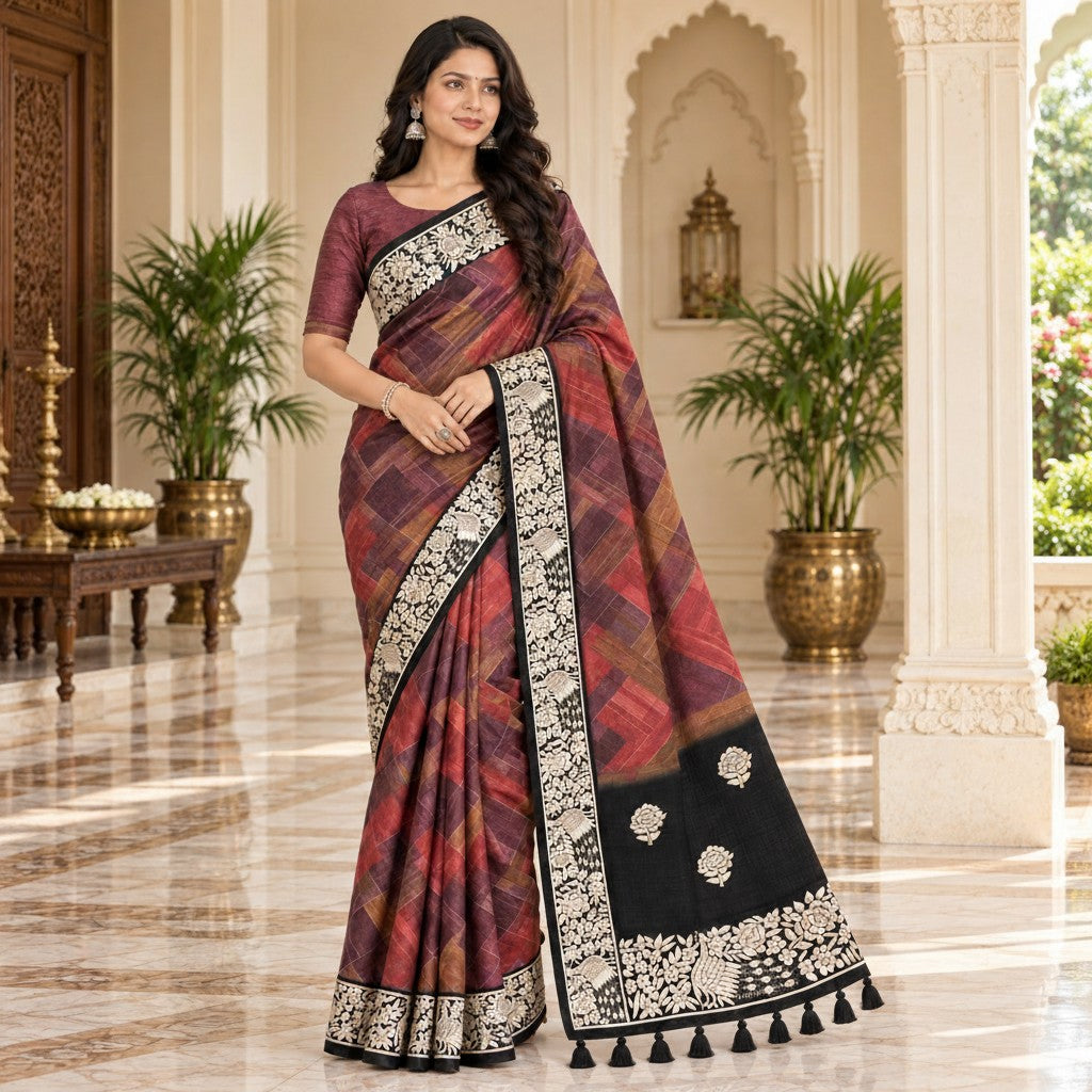 Elegant Maroon & Plum Geometric Printed Saree with Black Floral Embroidered Border & Pallu