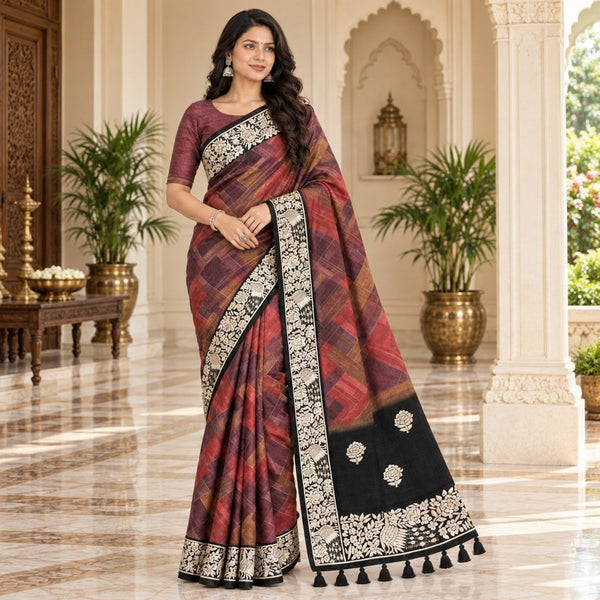 Elegant Maroon & Plum Geometric Printed Saree with Black Floral Embroidered Border & Pallu