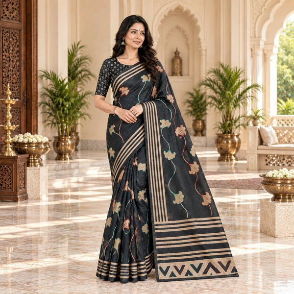 Elegant Charcoal Blue Saree with Multicolor Floral Vine Motifs & Striped Border