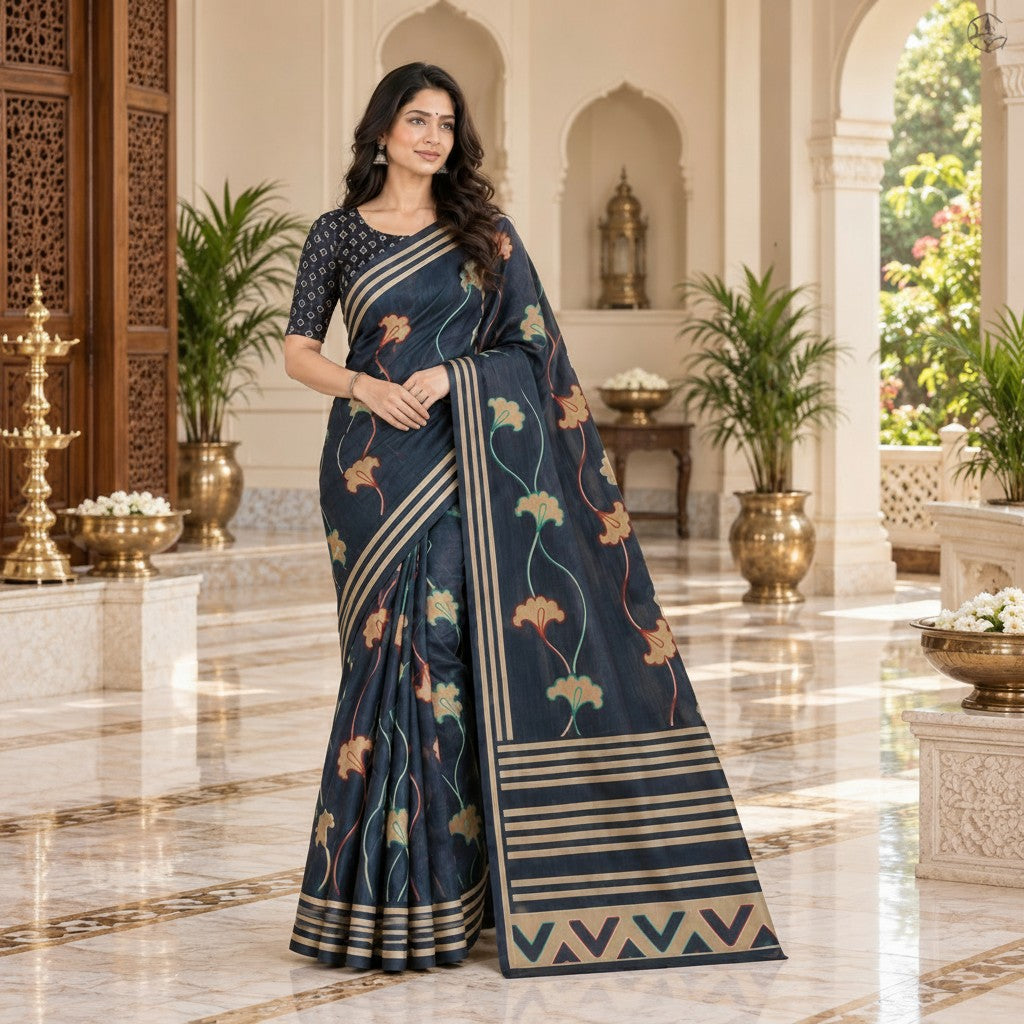 Navy Blue Floral Vine Saree with Golden Striped Border & Chevron Pallu