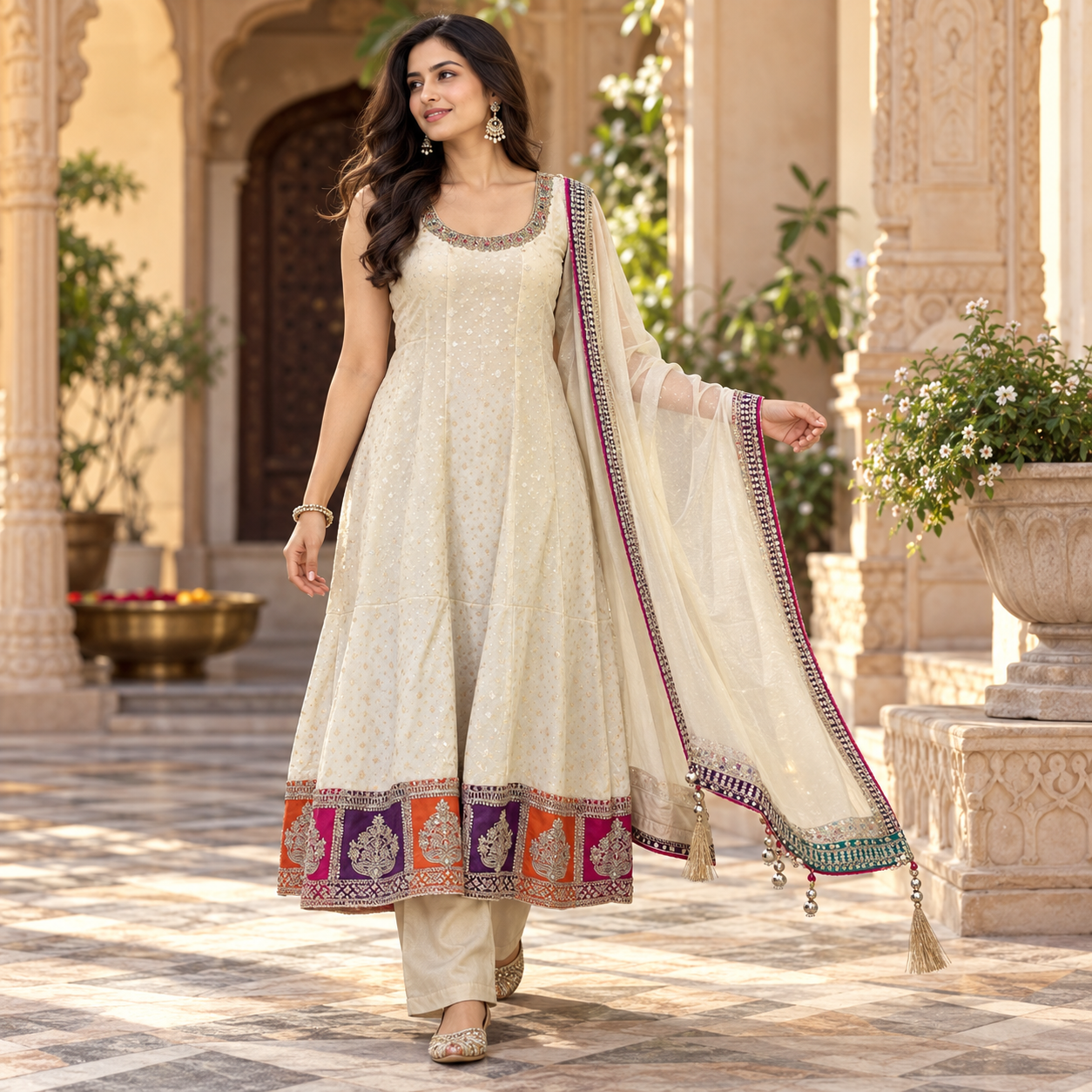 Elegant Ivory Anarkali Suit Set with Multicolour Embroidered Hem and Matching