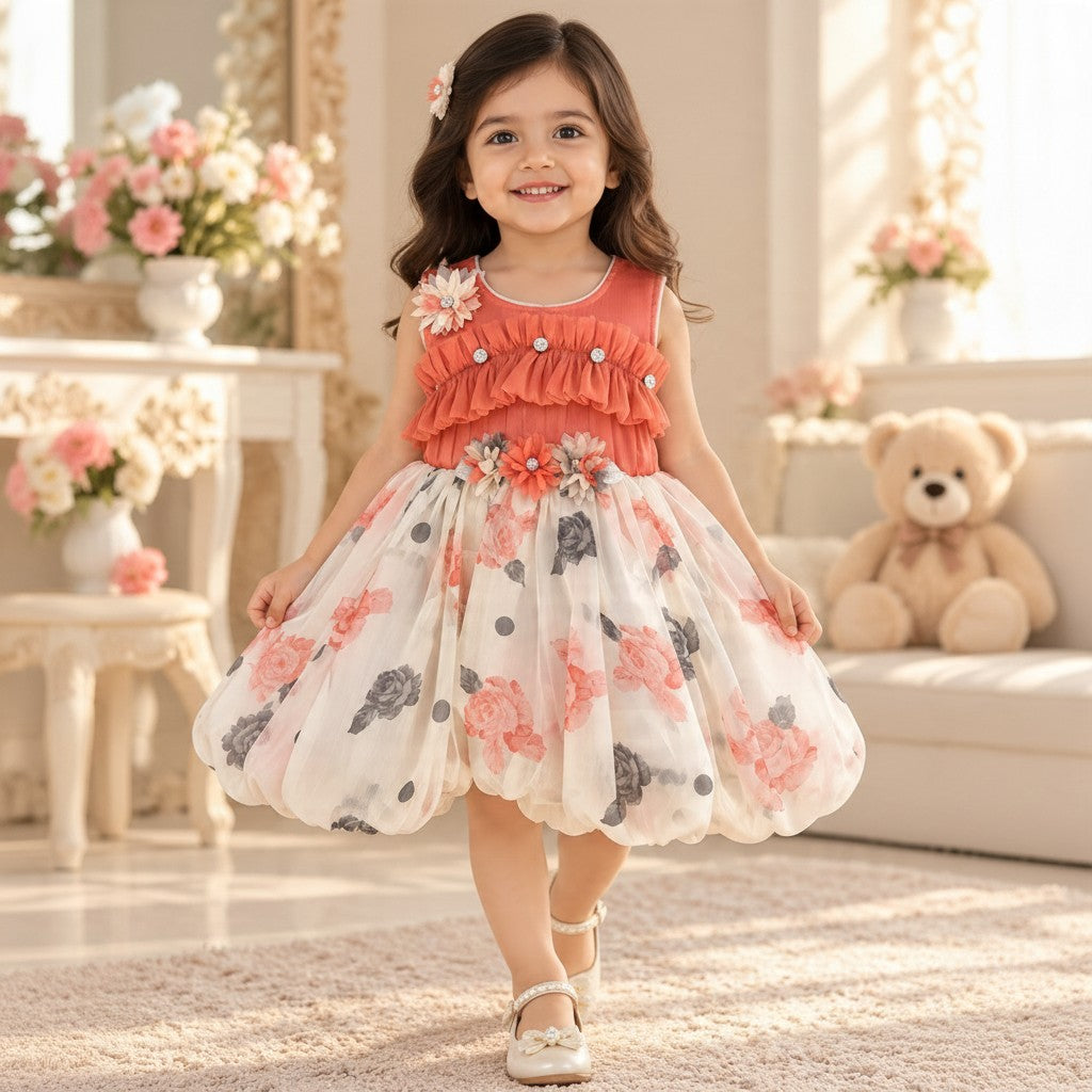 Coral Pink Floral Baby Party Frock with Ruffled Bodice