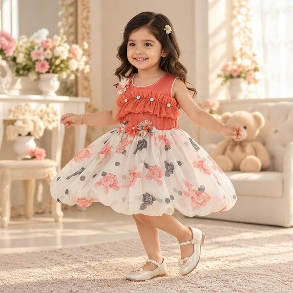 Coral Pink Floral Baby Party Frock with Ruffled Bodice