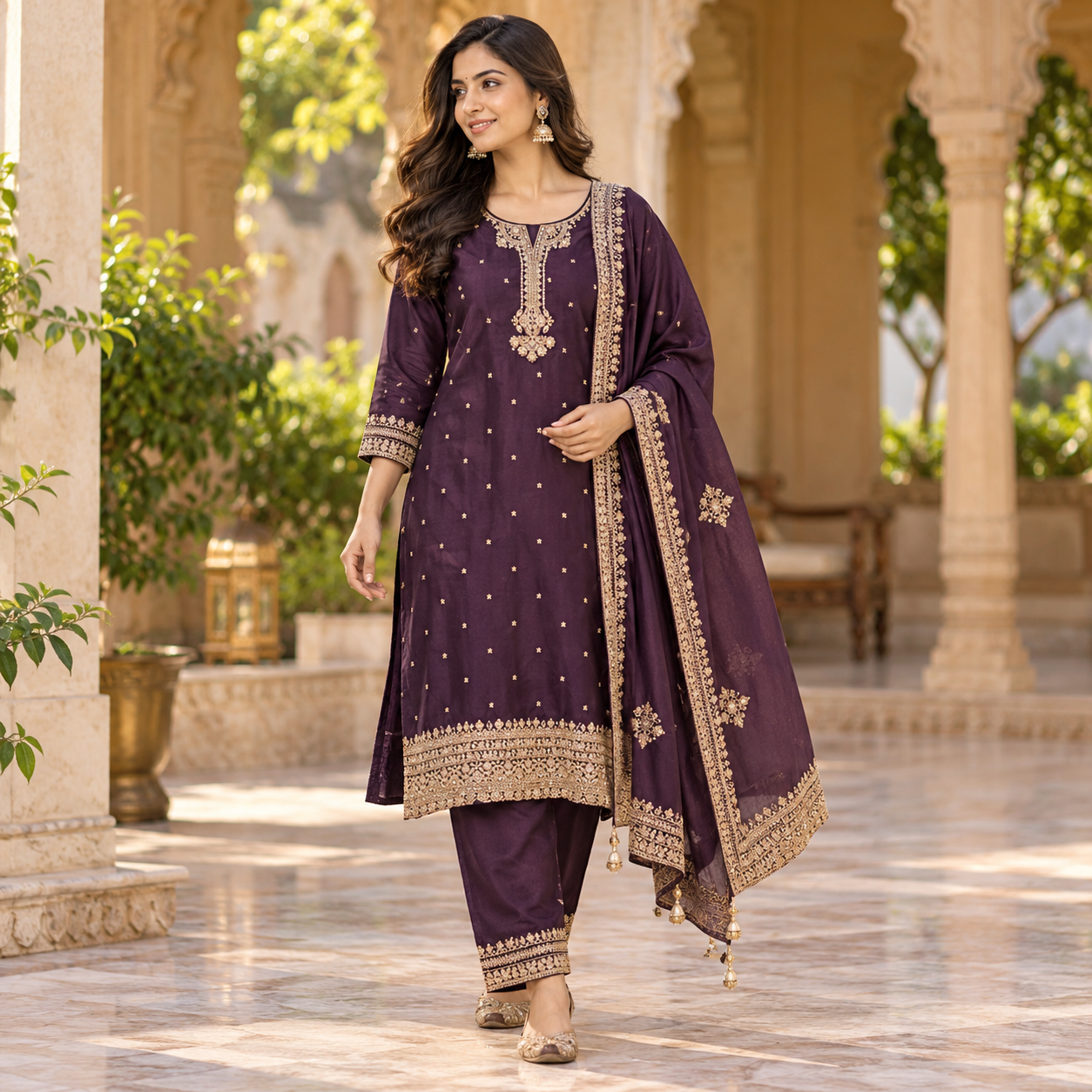 Elegant Plum Purple Embroidered Salwar Suit Set with Gold Zari Work