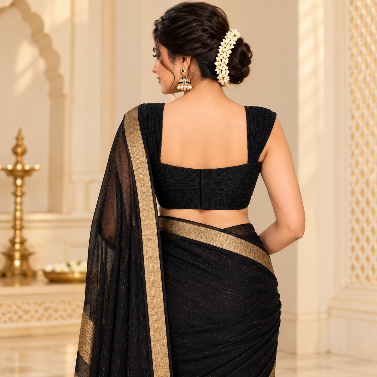Elegant Black Textured Designer Blouse with Statement Neckline