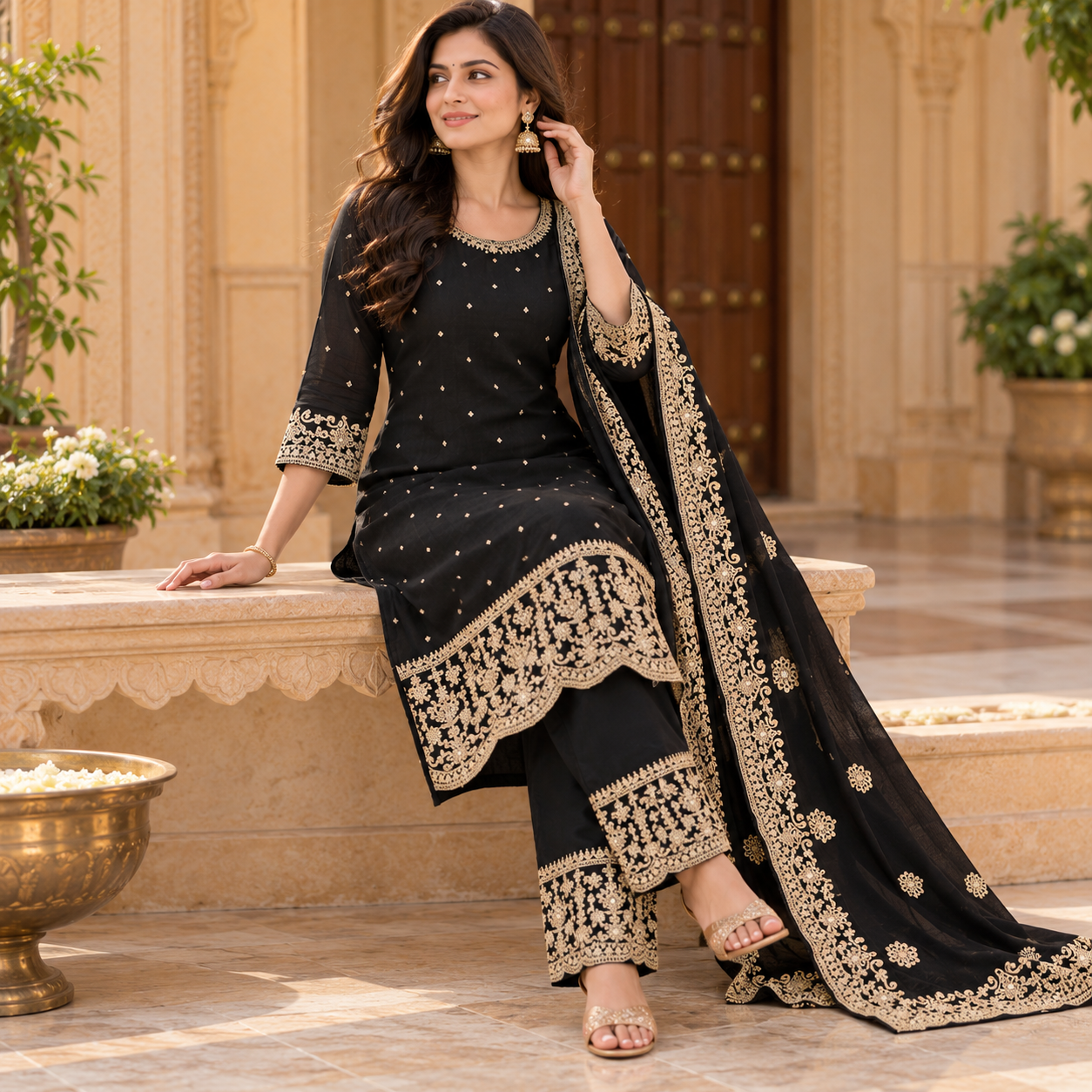 Black Embroidered Kurta Set with Gold Work and Matching Dupatta