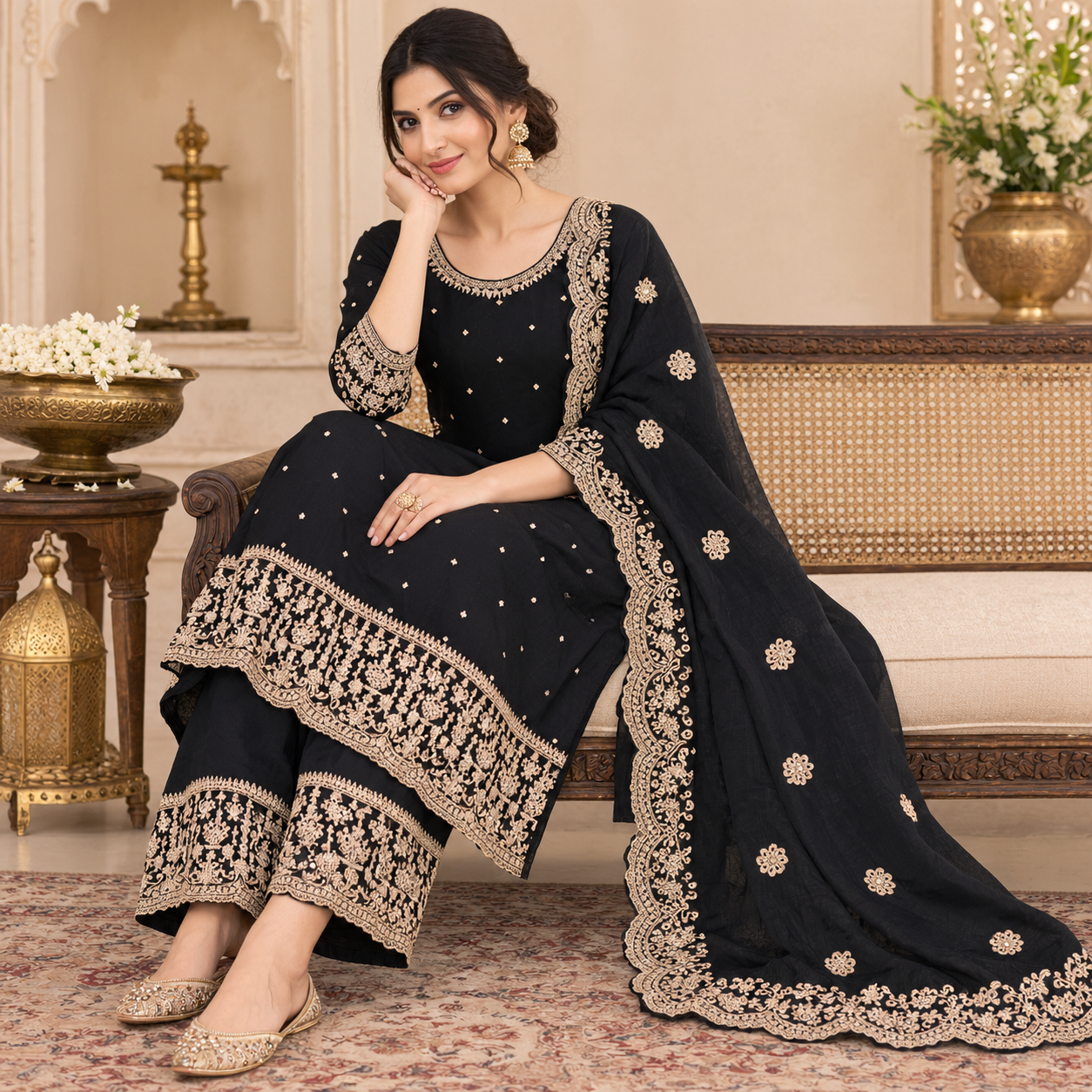 Elegant Black Salwar Suit with Gold Embroidered Border and Matching Dupatta