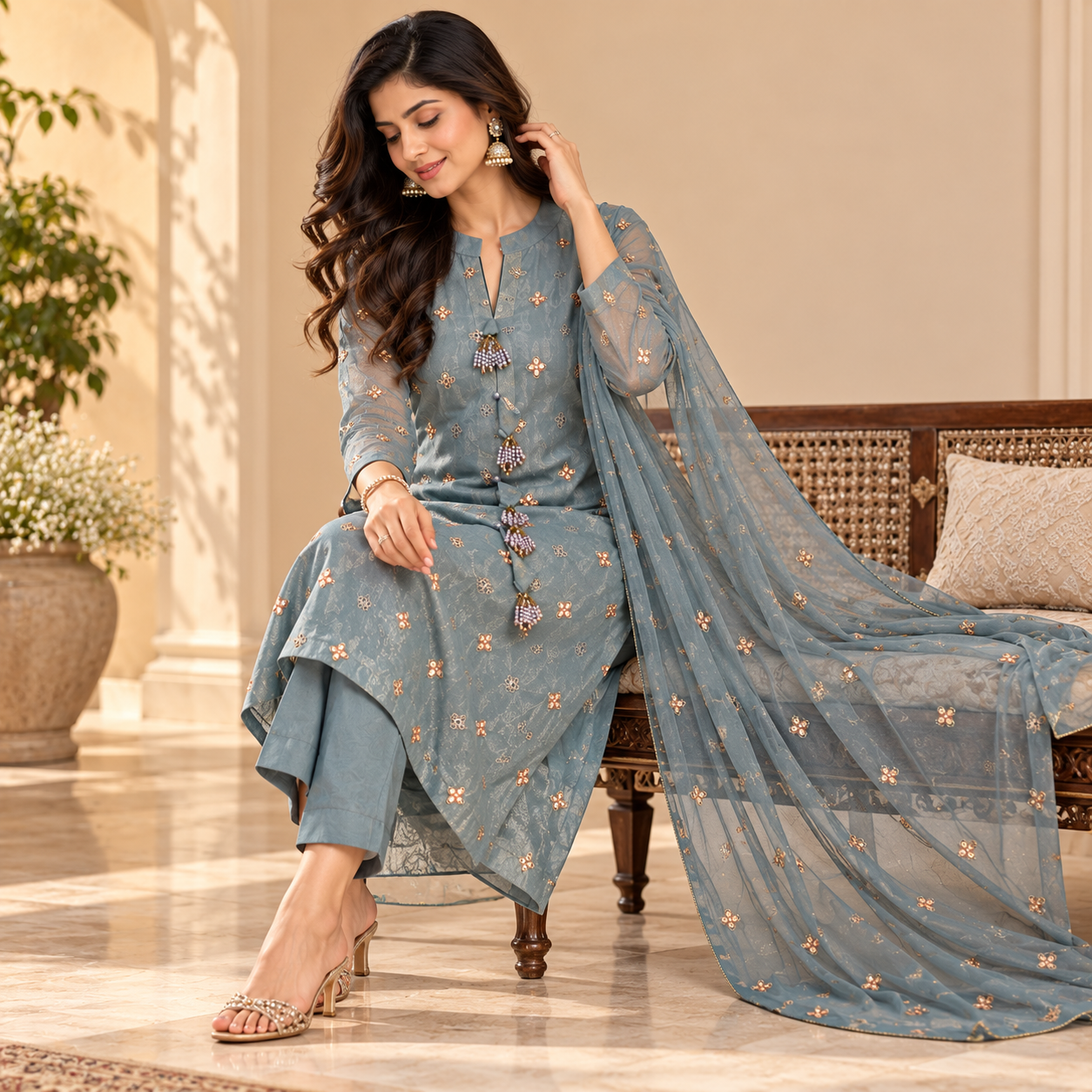 Dusty Blue-Grey Embroidered Kurta Set with Matching Pants and Net Dupatta