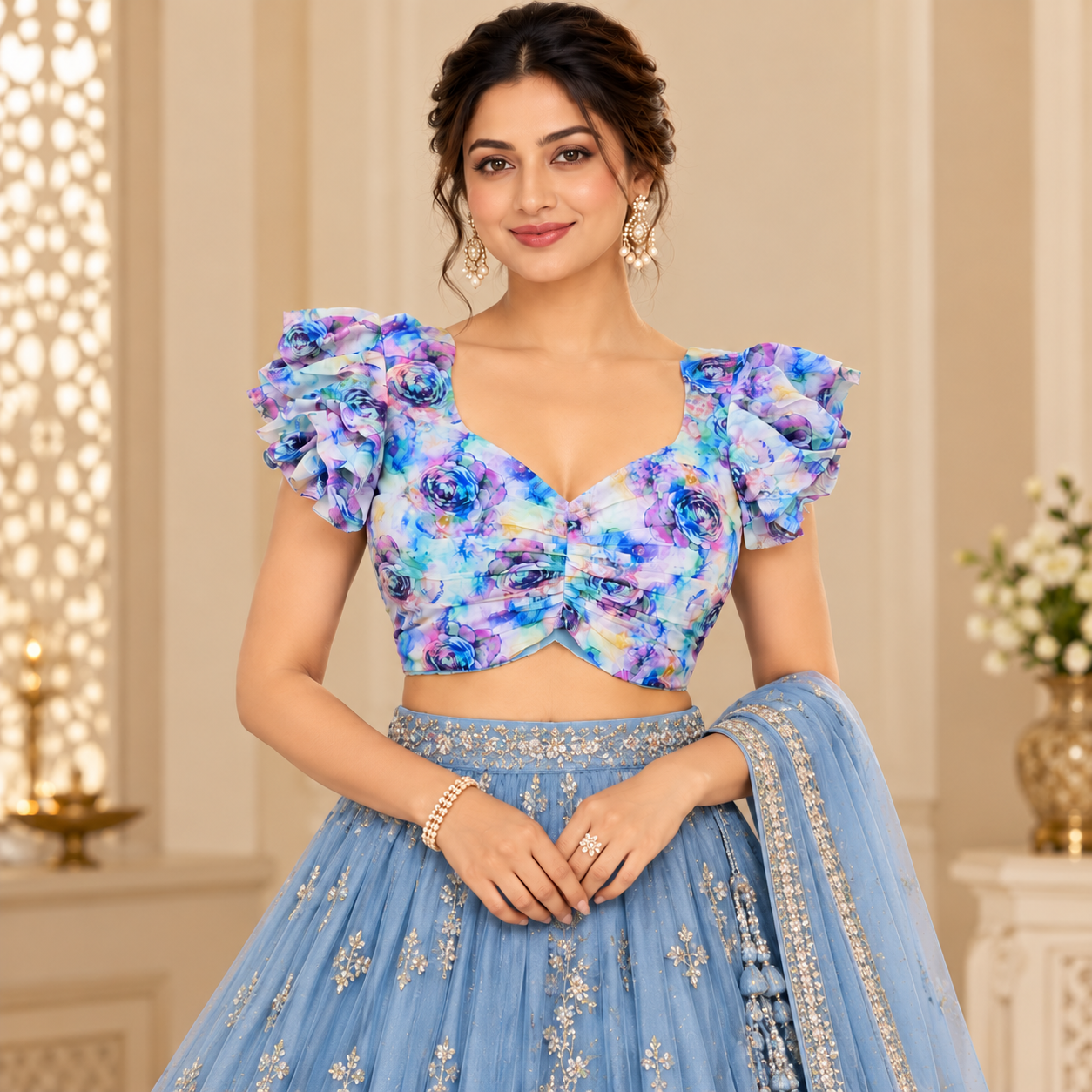 Pastel Floral Ruffle Sleeve Designer Blouse with Sweetheart Neck – Multicolour Party Wear Blouse