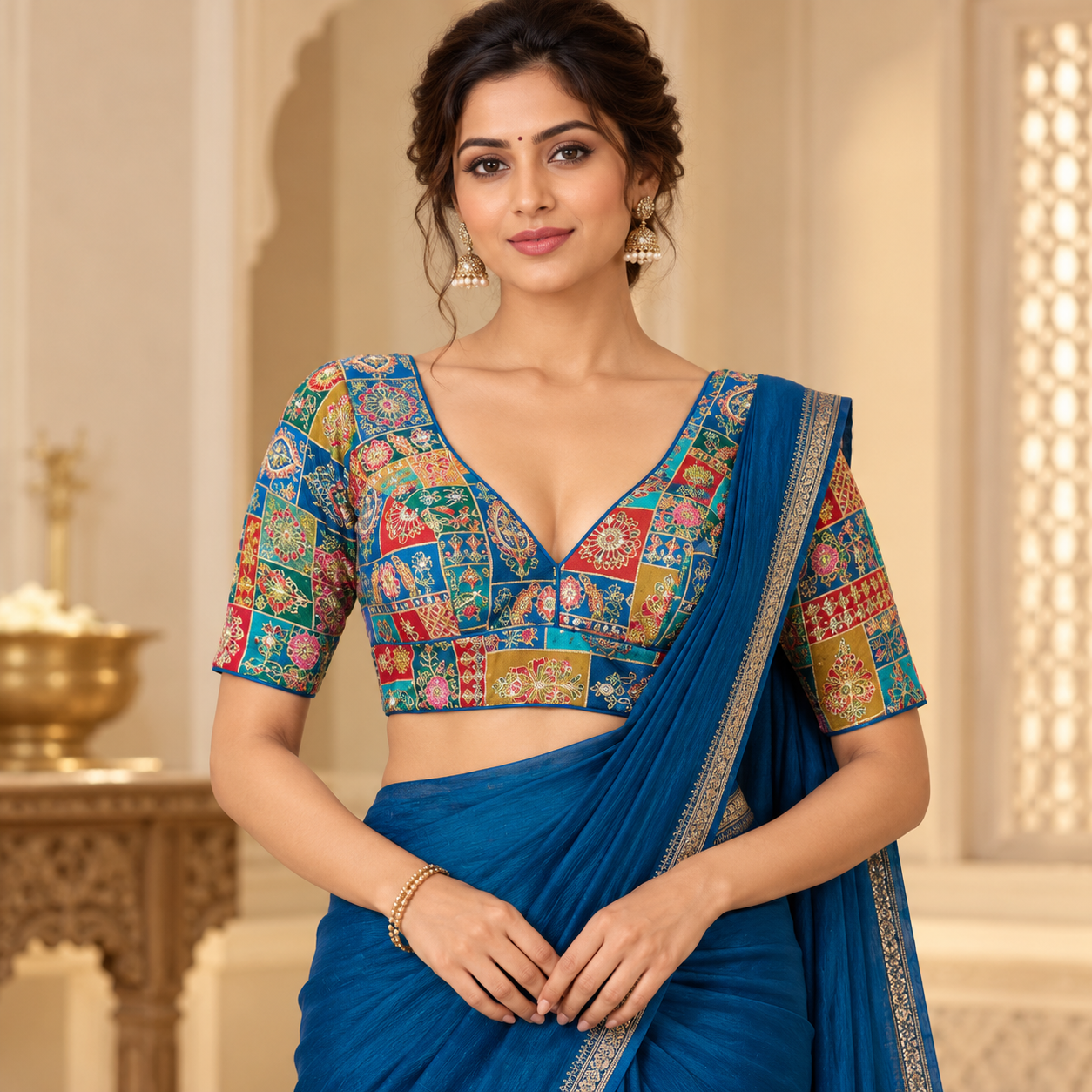 Multicolor Embroidered V-Neck Blouse with Elbow Sleeves – Designer Ethnic Wear