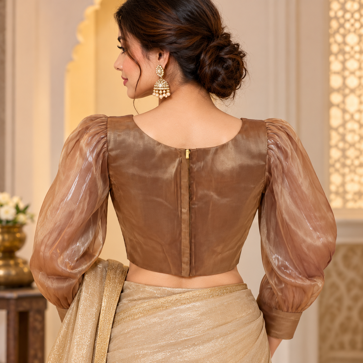 Premium Bronze Satin Designer Blouse with Sweetheart Neckline and Sheer Puff Sleeves