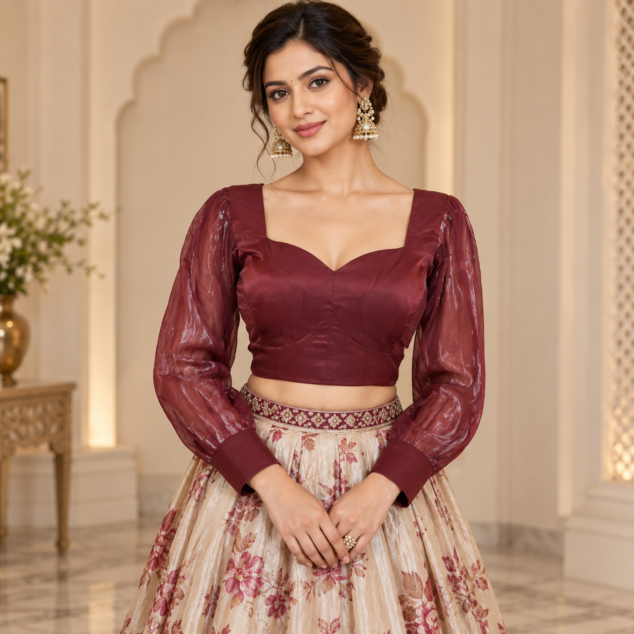 Elegant Wine Maroon Designer Blouse with Sheer Puff Sleeves – Premium Ethnic Wear