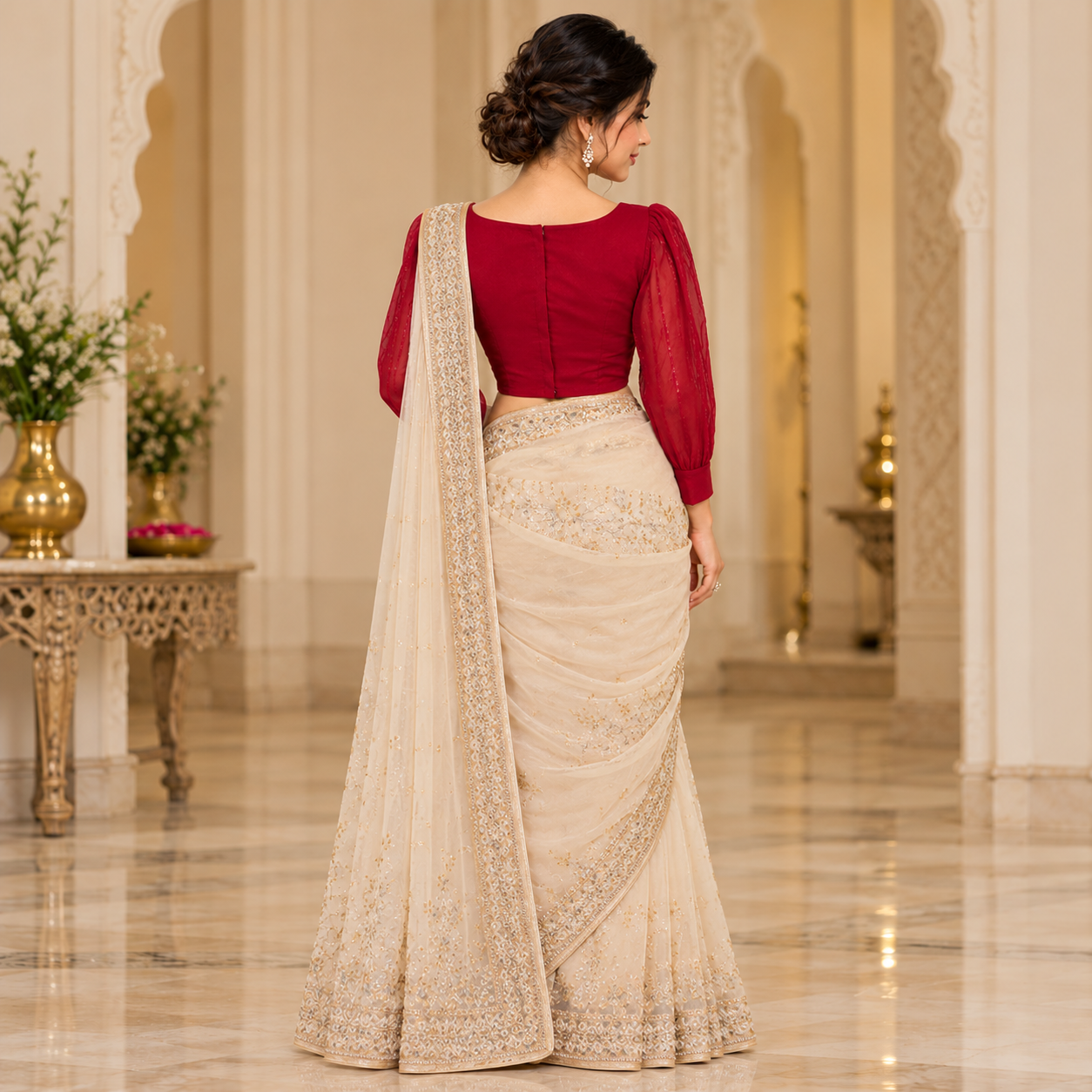 Elegant Maroon Puff Sleeve Designer Blouse with Ivory Floral Embroidered Lehenga Skirt