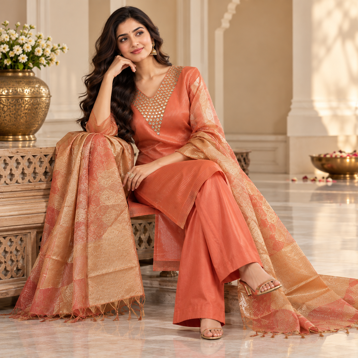 Coral Orange Embellished Salwar Suit with Gold Patterned Dupatta