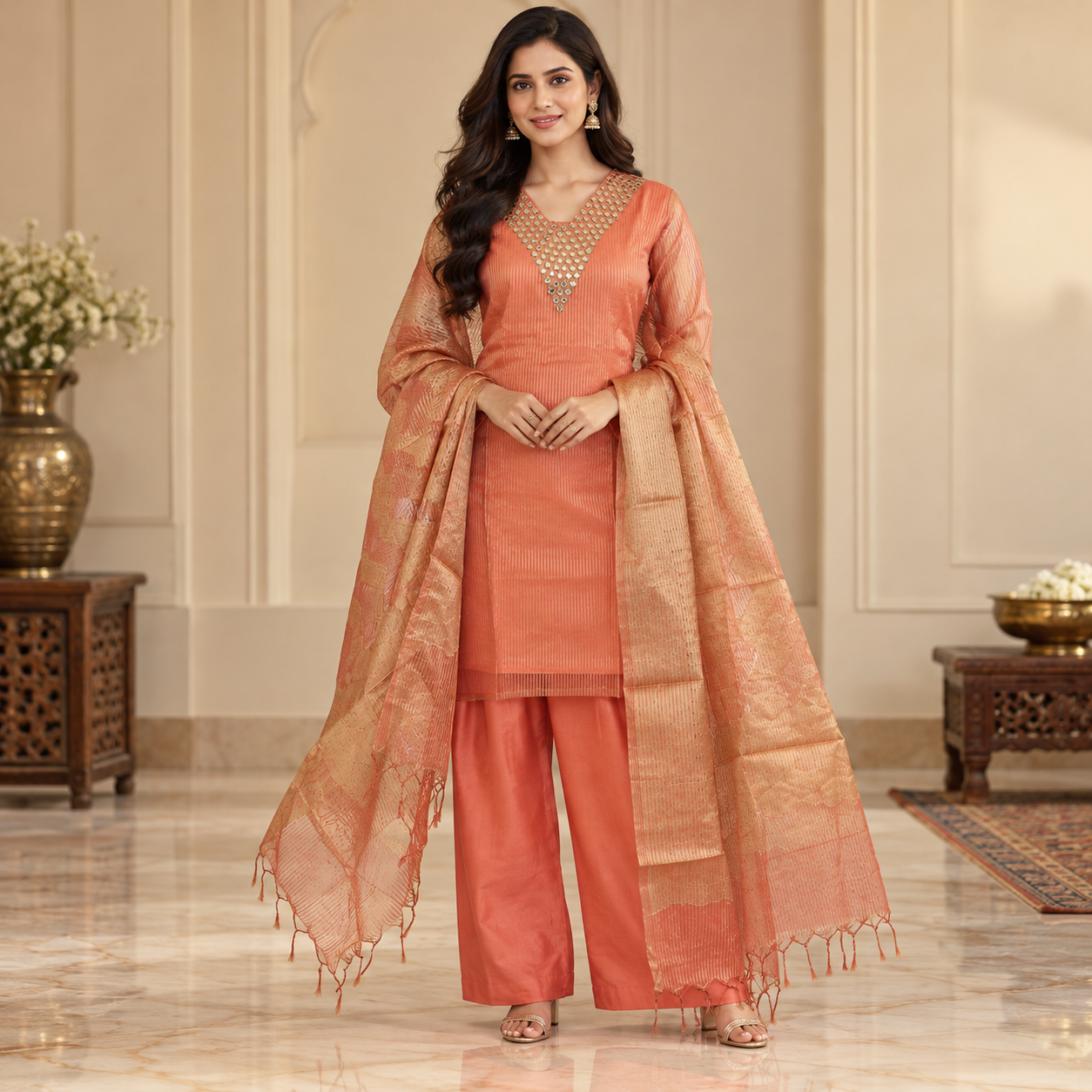 Coral Orange Embellished Salwar Suit with Gold Patterned Dupatta