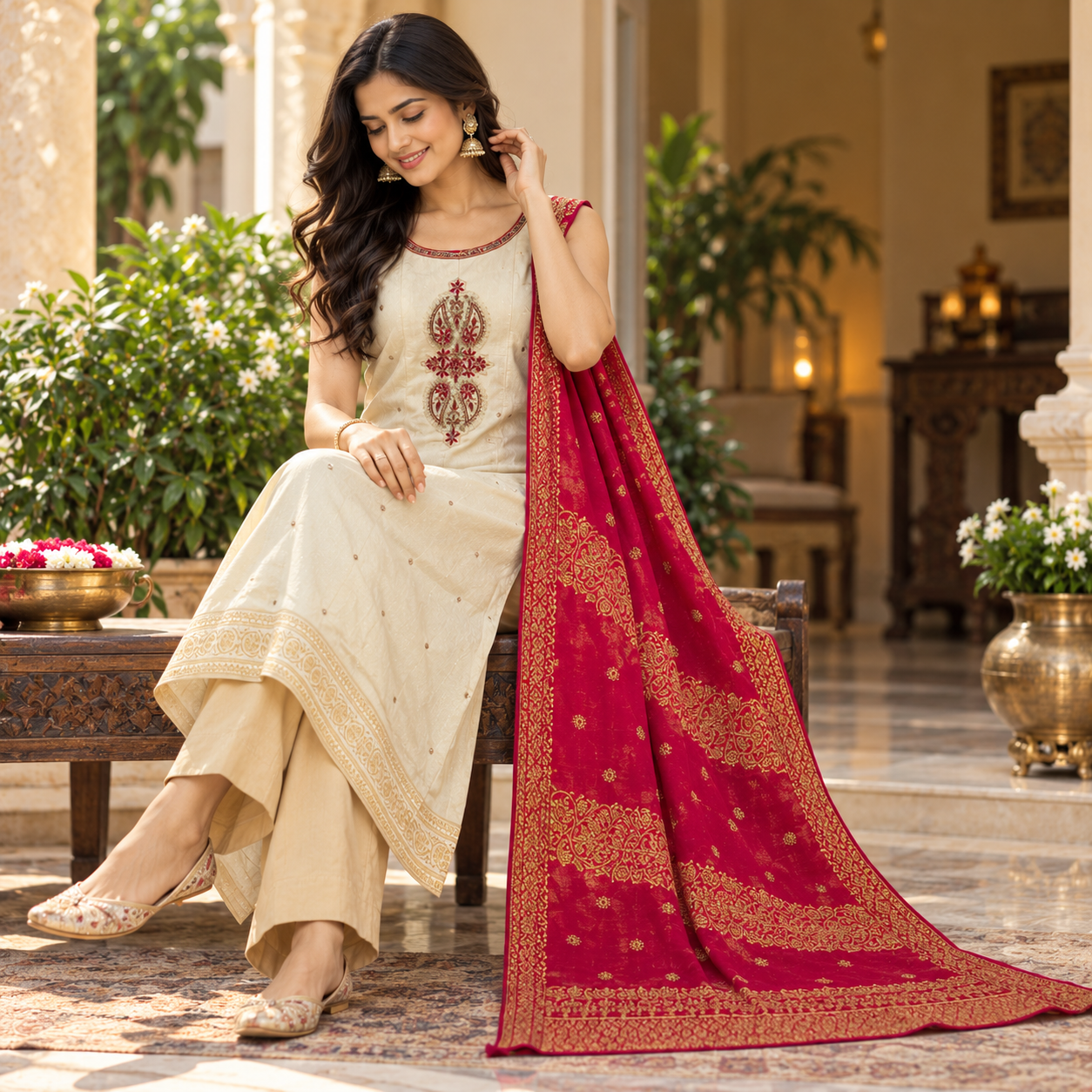 Cream Embroidered Kurta Set with Beige Pants and Magenta Gold Zari Dupatta – Women’s Ethnic Wear