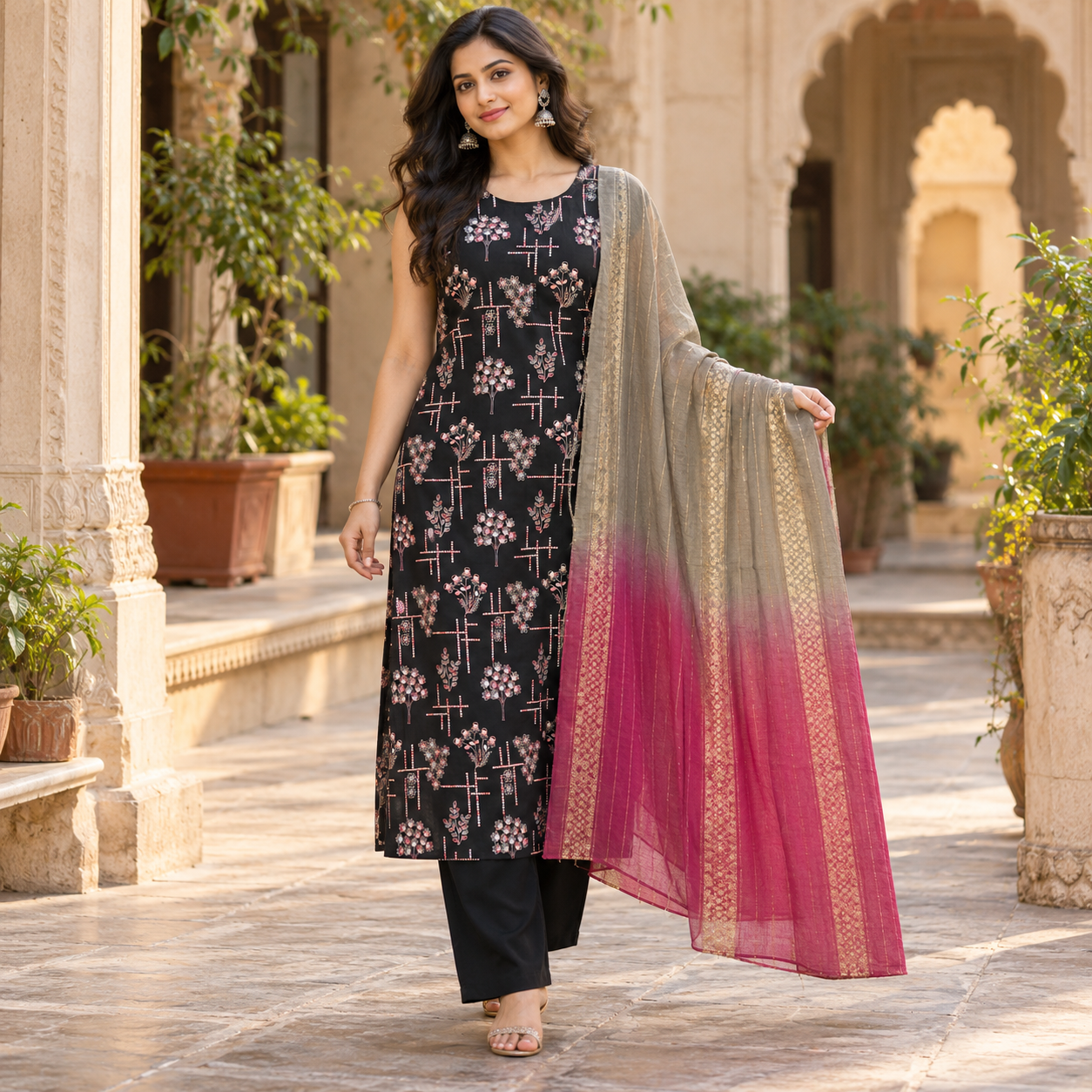 Black Floral Printed Kurta Set with Matching Trousers and Grey-Magenta Gold Border Dupatta