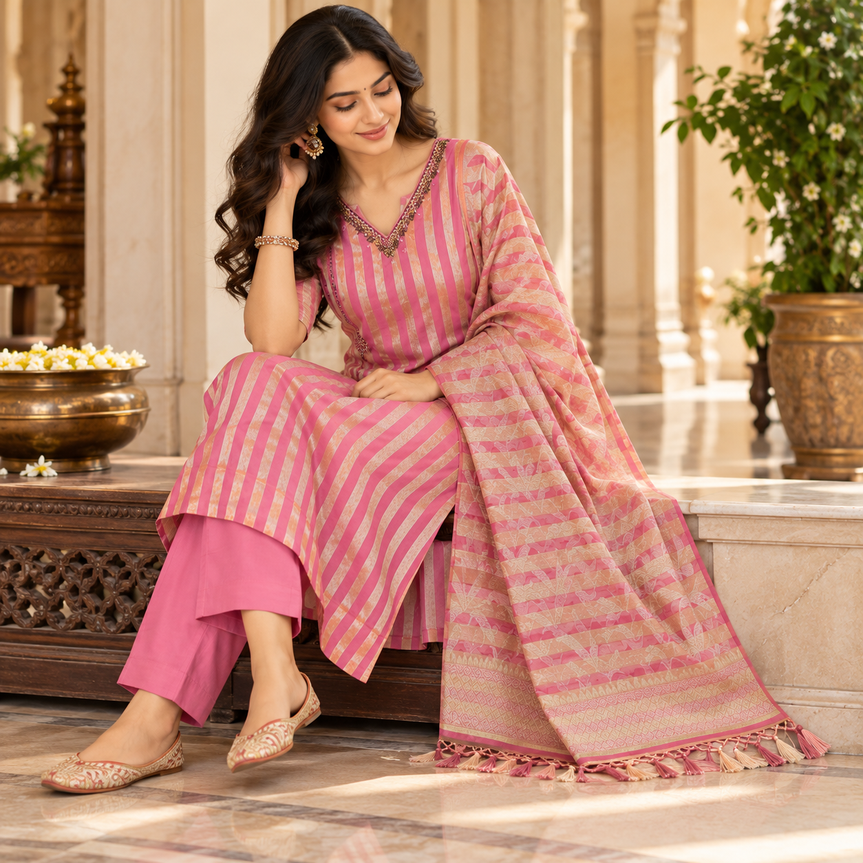 Pink and Gold Striped Kurta Set with Matching Pants and Designer Dupatta