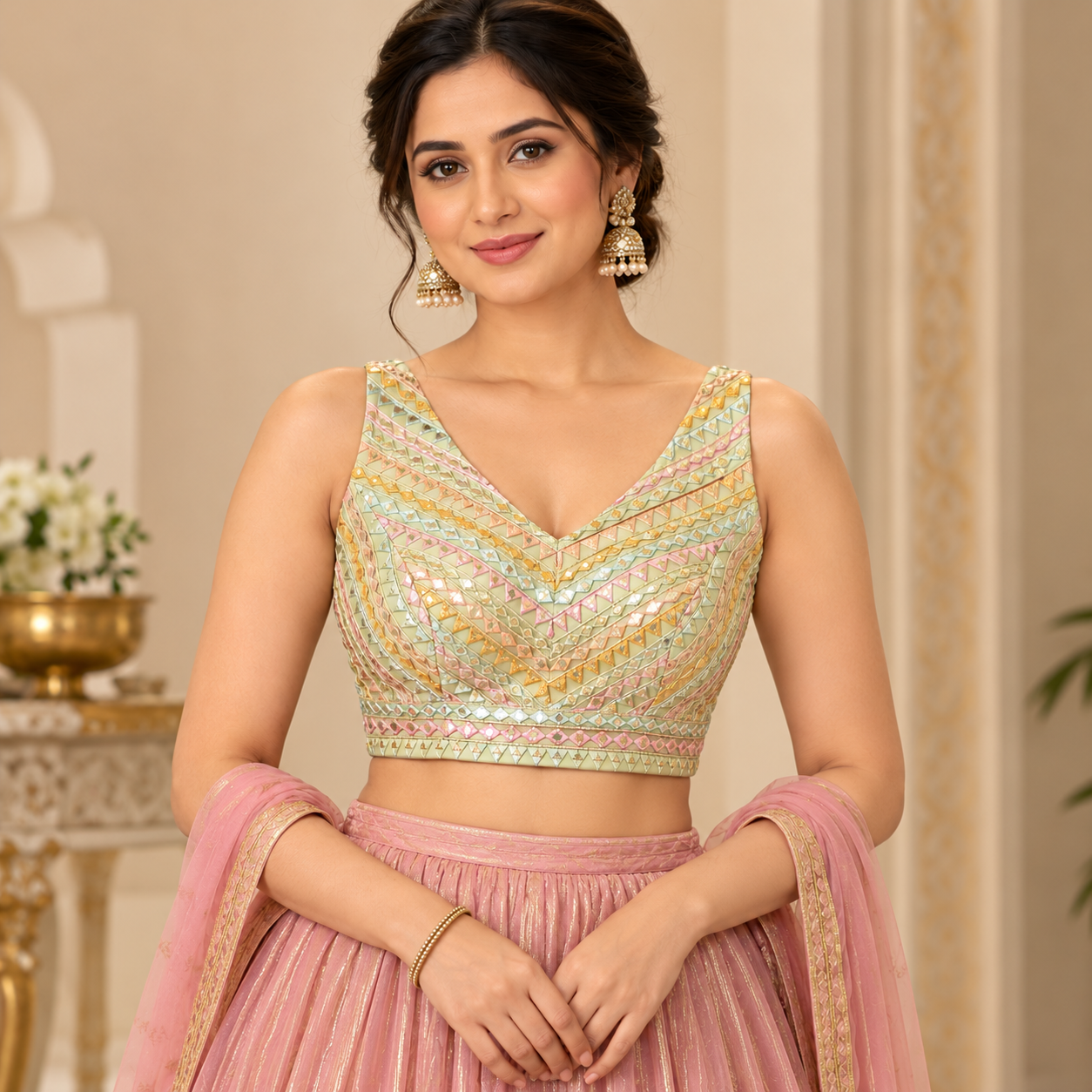 Pastel Mint Green Mirror Work Designer Blouse – Multicolour Geometric Embroidery with V-Neckline