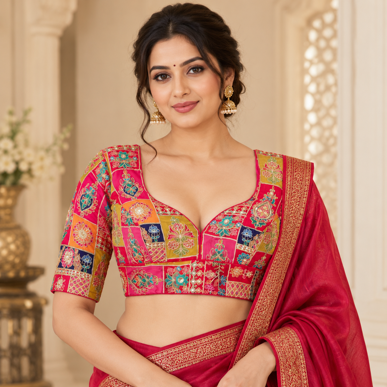 Designer Pink Multicolour Embroidered Blouse with Floral Patchwork and 3/4 Sleeves