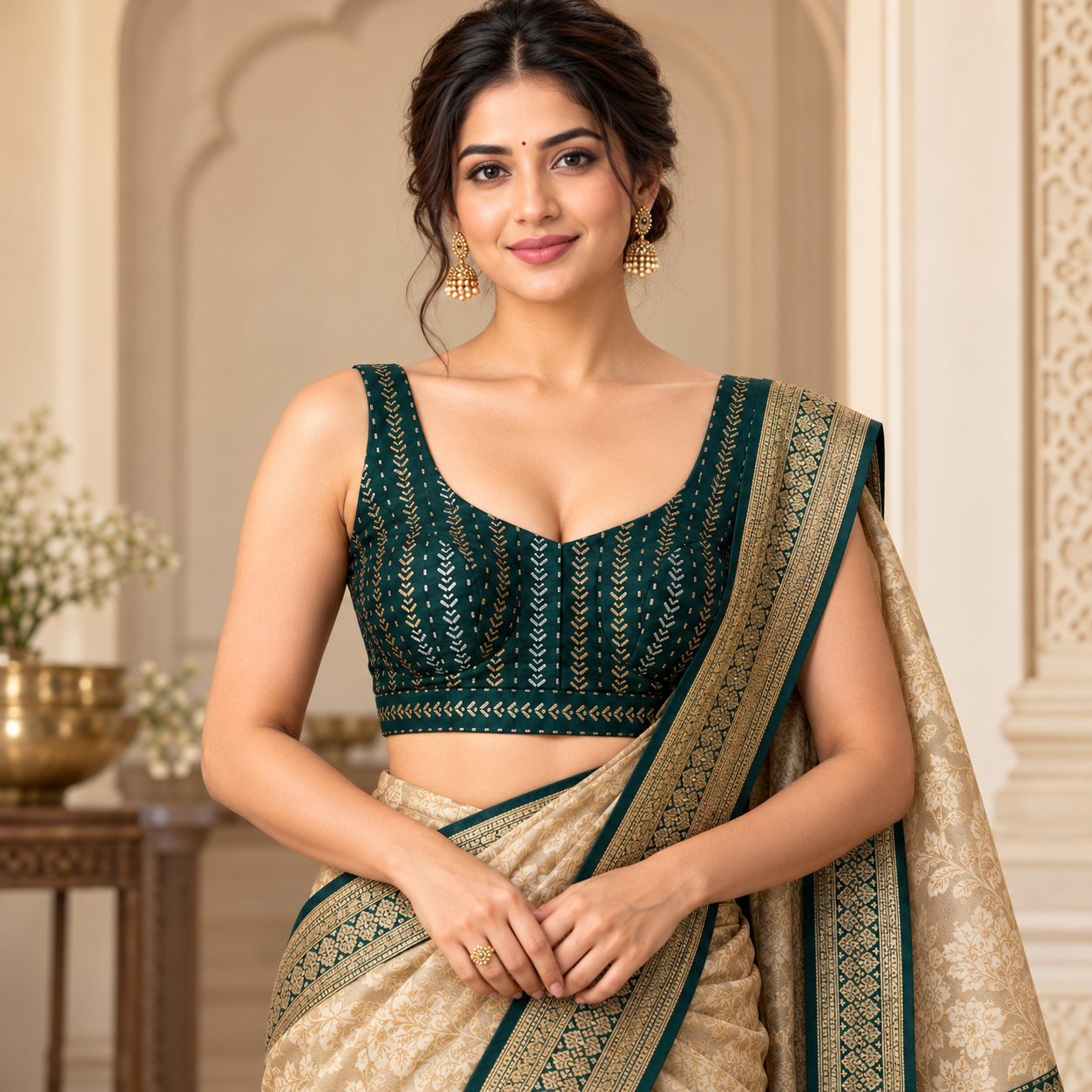 Emerald Green Gold Embroidered Sleeveless Blouse with Beige Gold Brocade Lehenga Skirt