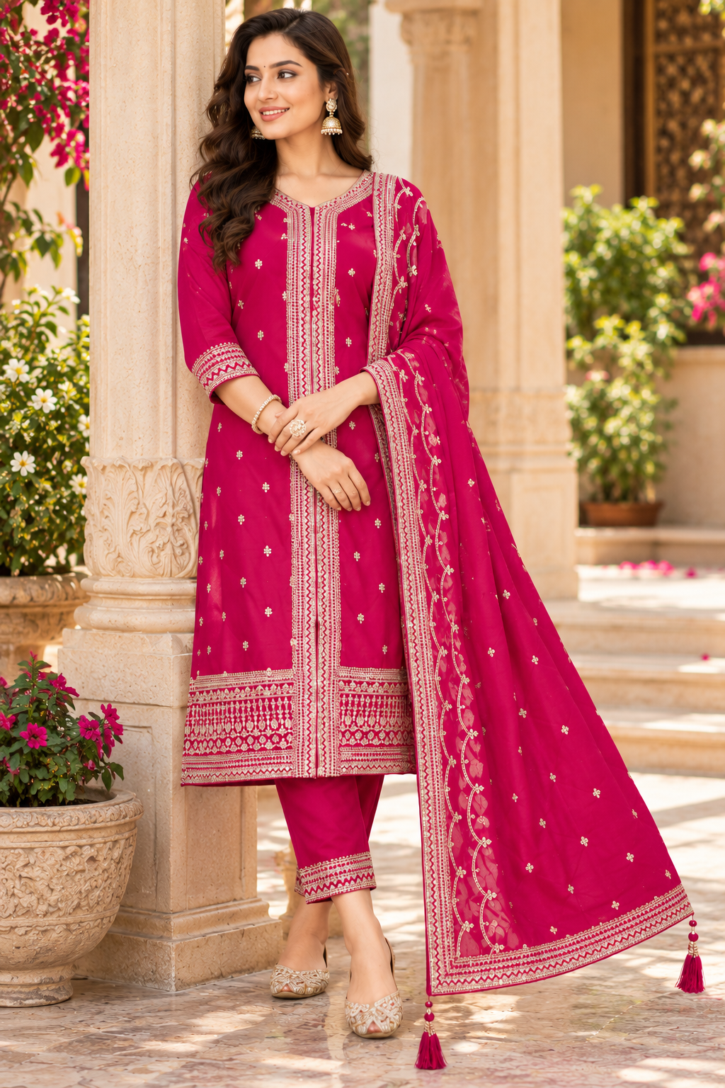 Elegant Fuchsia Pink Embroidered Salwar Suit with Designer Chunni