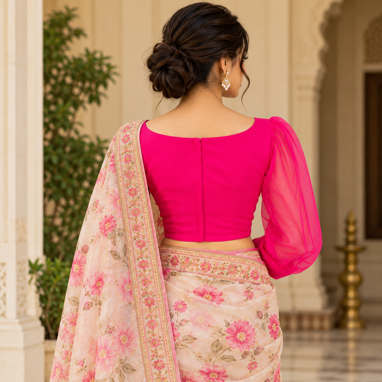 Hot Pink Sweetheart Neck Blouse with Sheer Puff Sleeves for Women