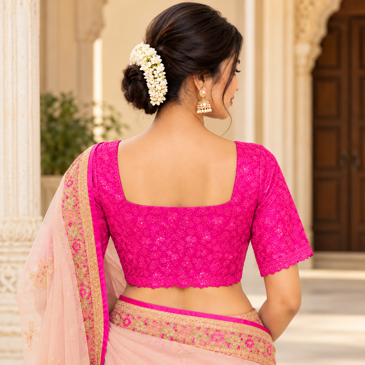 Rangoli Premium Fuchsia Pink Floral Embroidered Blouse with Scalloped Sleeves