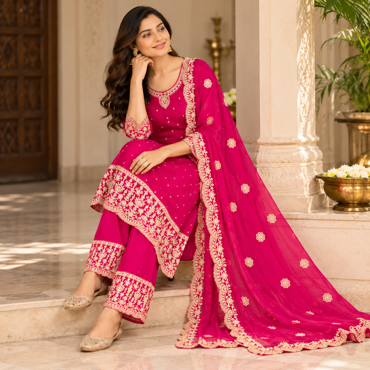 Royal Fuchsia Pink Embroidered Salwar Suit with Gold Dupatta