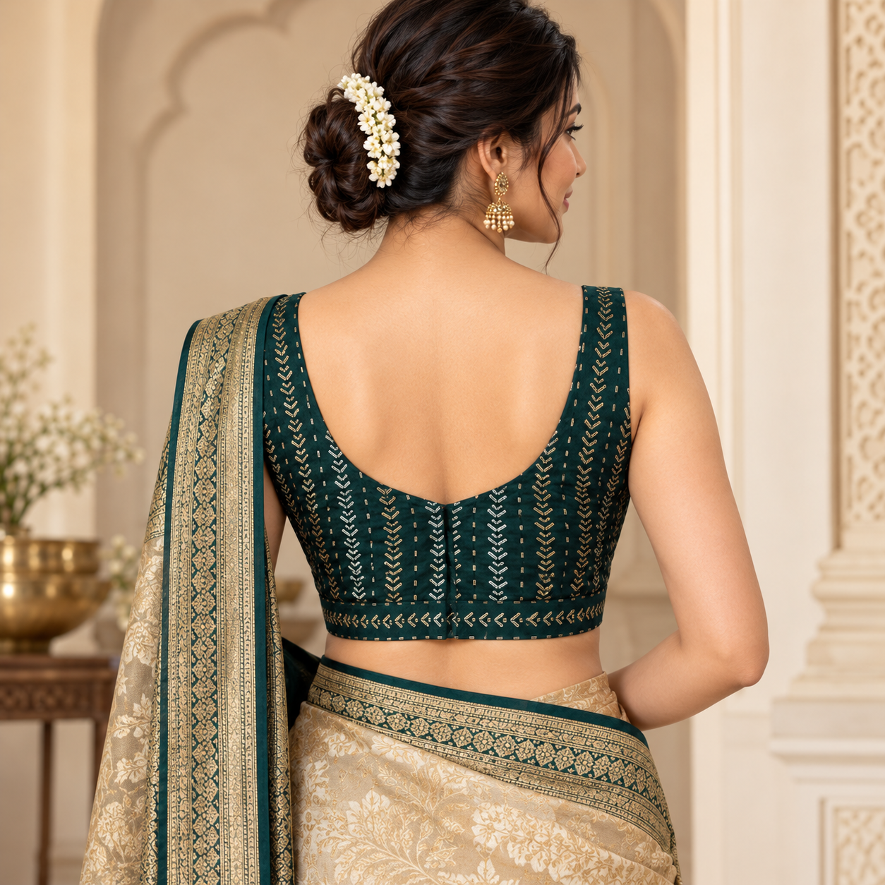 Emerald Green Gold Embroidered Sleeveless Blouse with Beige Gold Brocade Lehenga Skirt