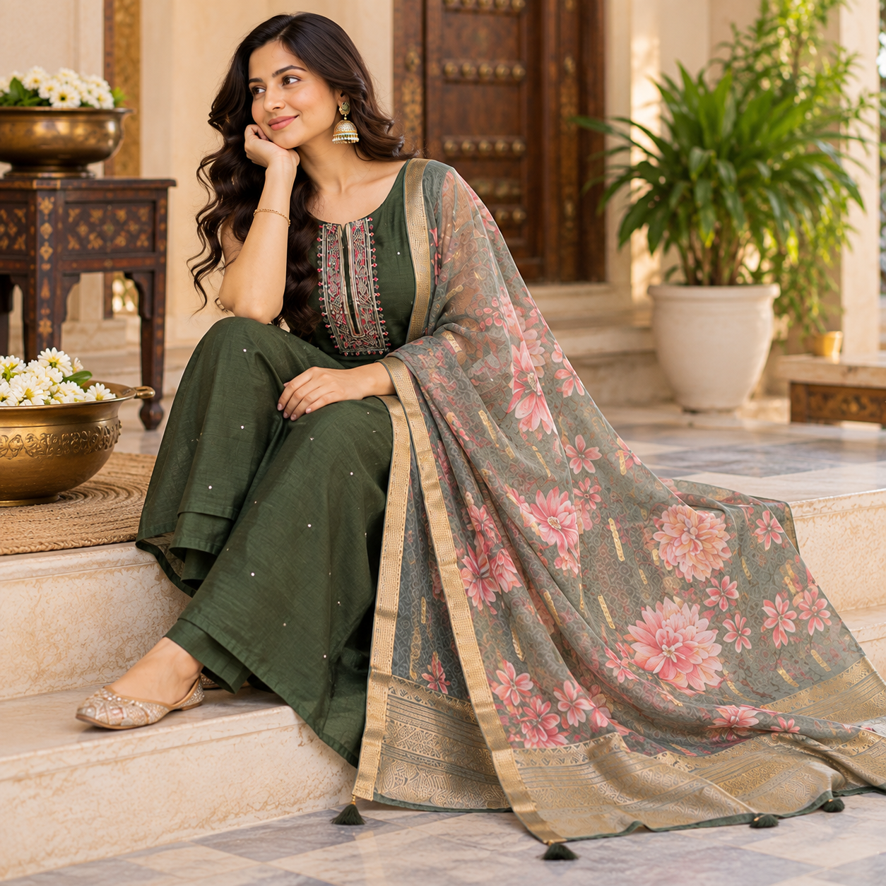 Olive Green Embroidered Kurta Set with Floral Printed Dupatta