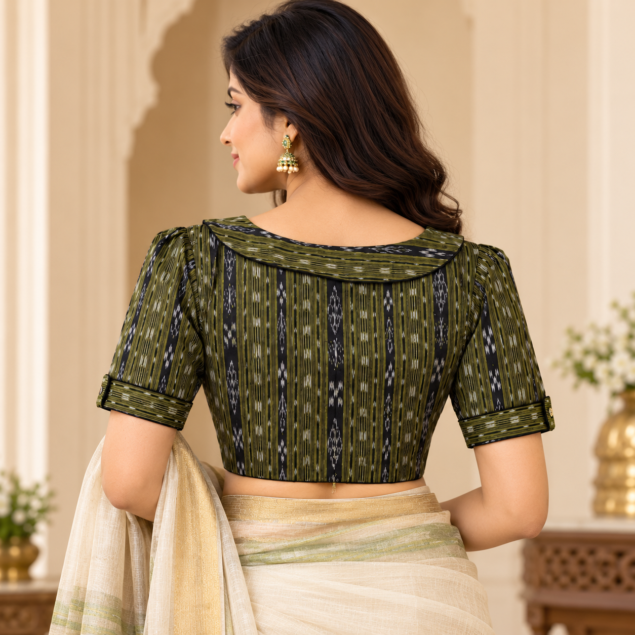 Olive Green Ikat Printed Blouse with Peter Pan Collar and Short Sleeves