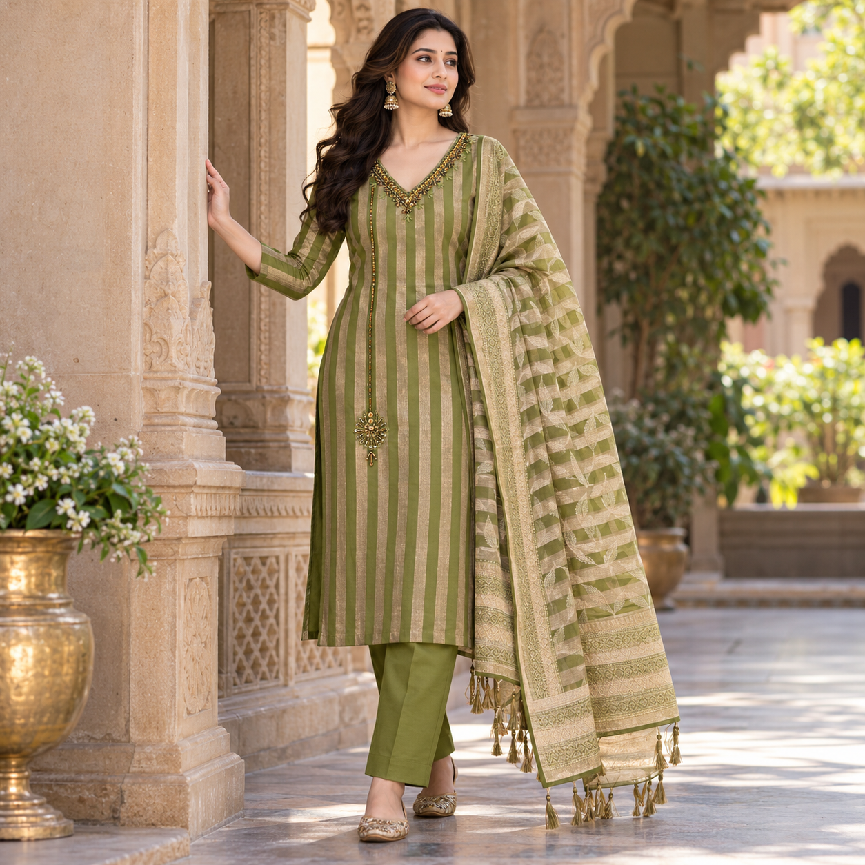 Olive Green & Gold Striped Embroidered Kurta Set with Designer Dupatta