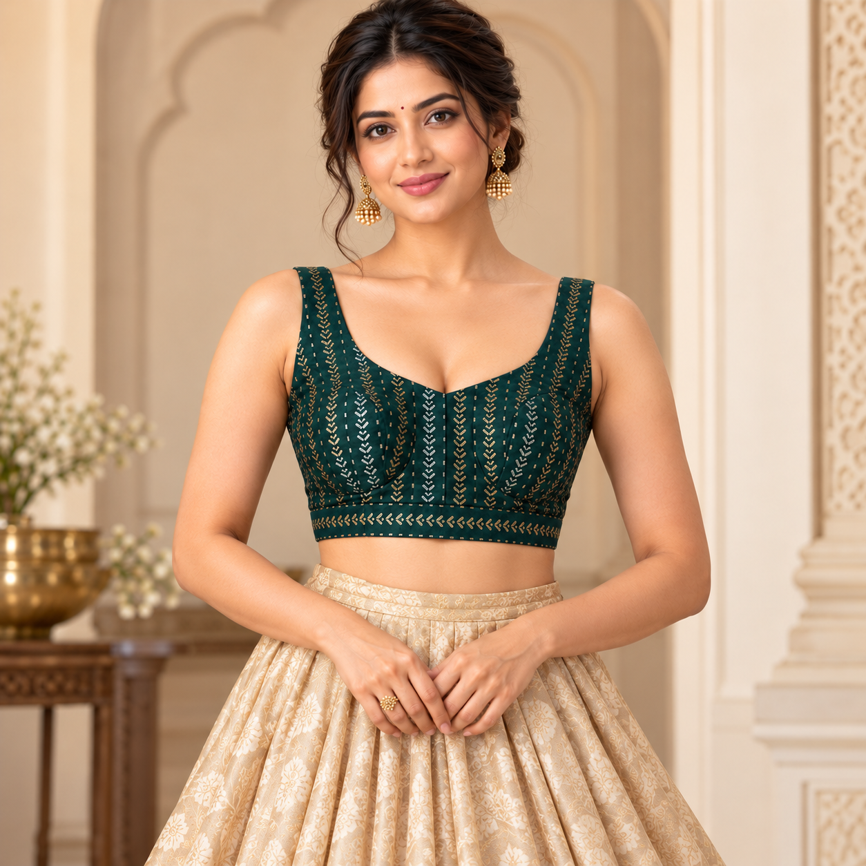 Emerald Green Gold Embroidered Sleeveless Blouse with Beige Gold Brocade Lehenga Skirt