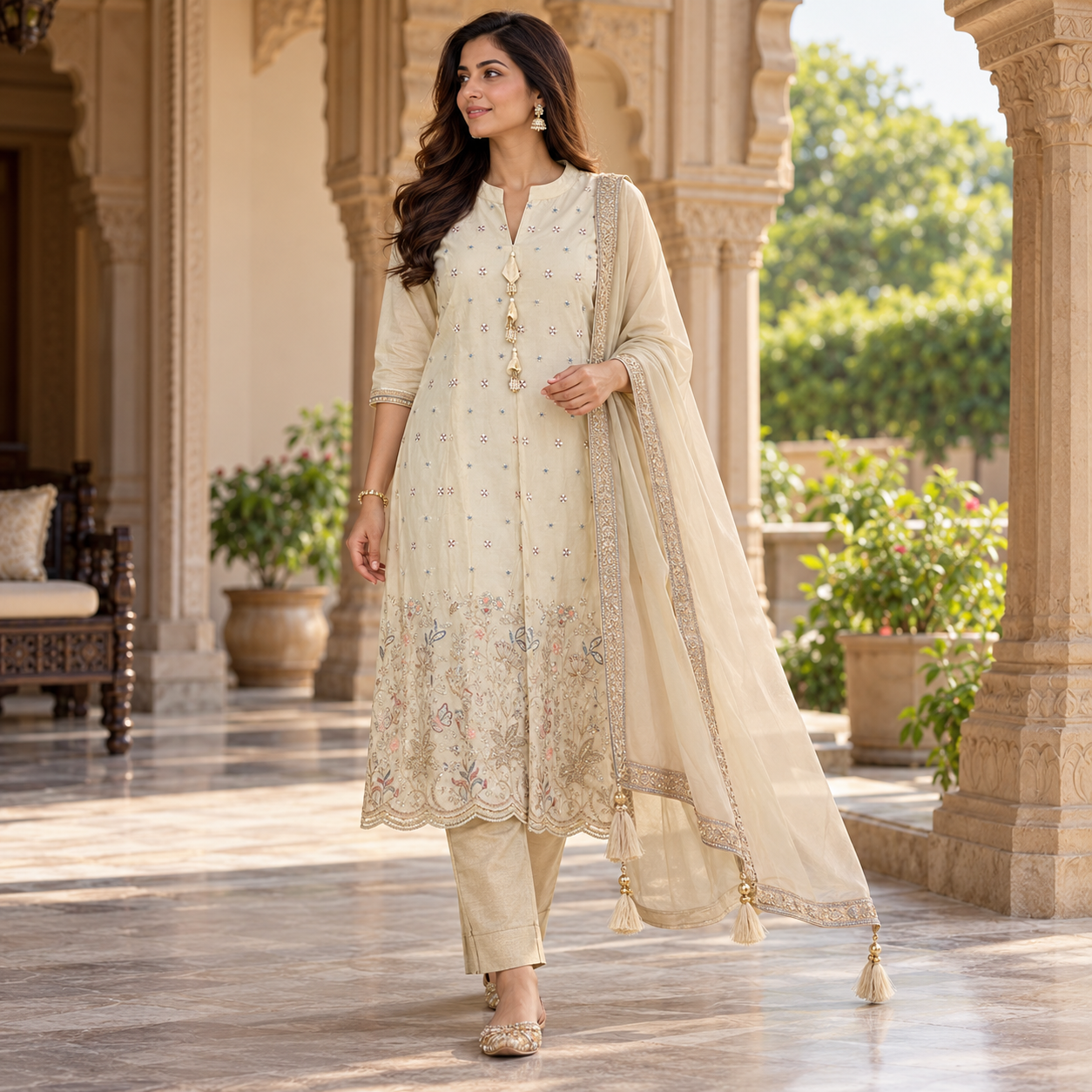 Elegant Ivory Cream Embroidered Kurta Set with Matching Pants and Gold Border Dupatta