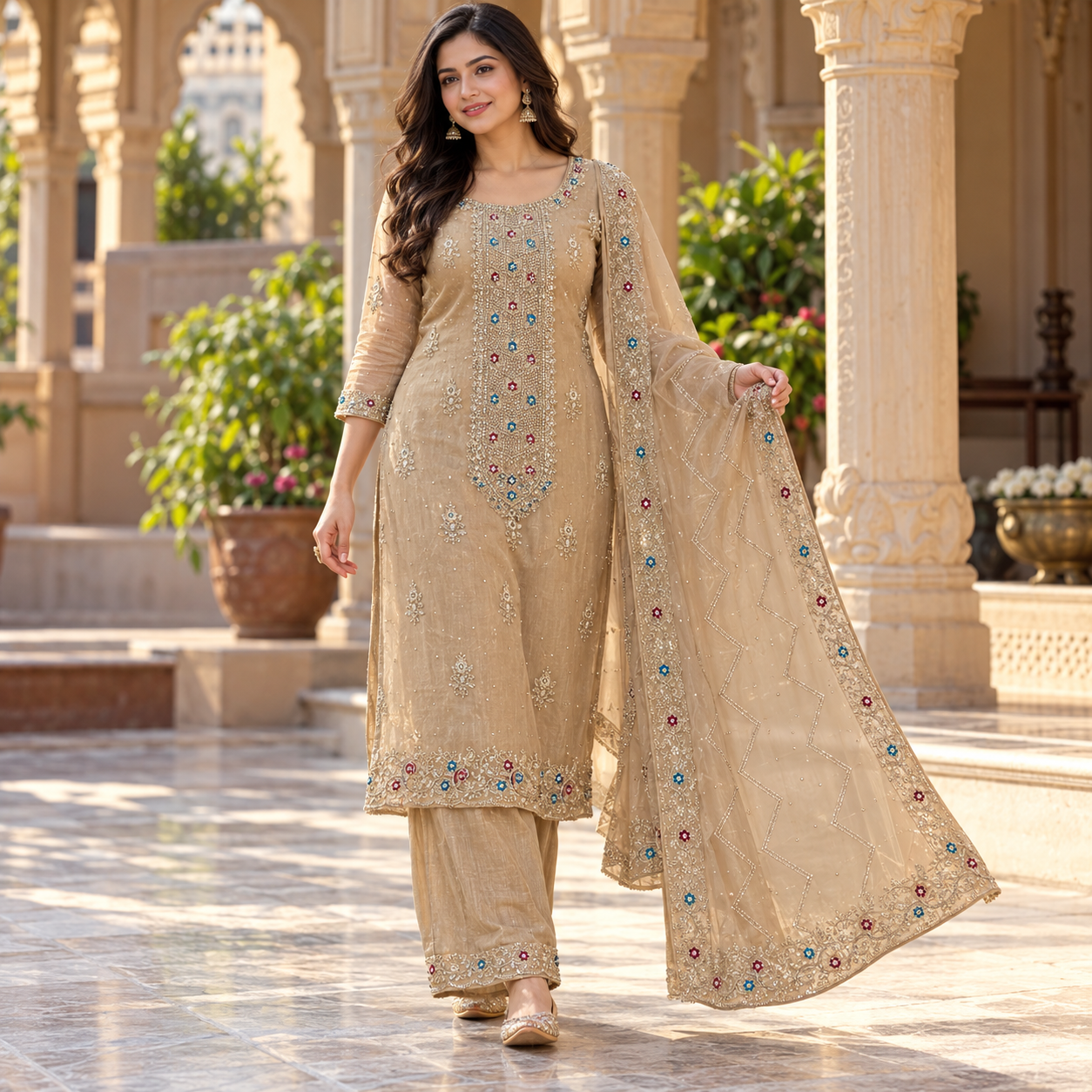 Beige Gold Embroidered Salwar Suit with Designer Dupatta